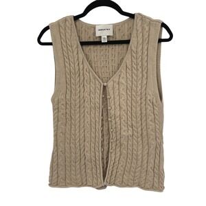 Academia Cable Knit Sweater Vest L Beige Button Front Boho Cottagecore Minimal